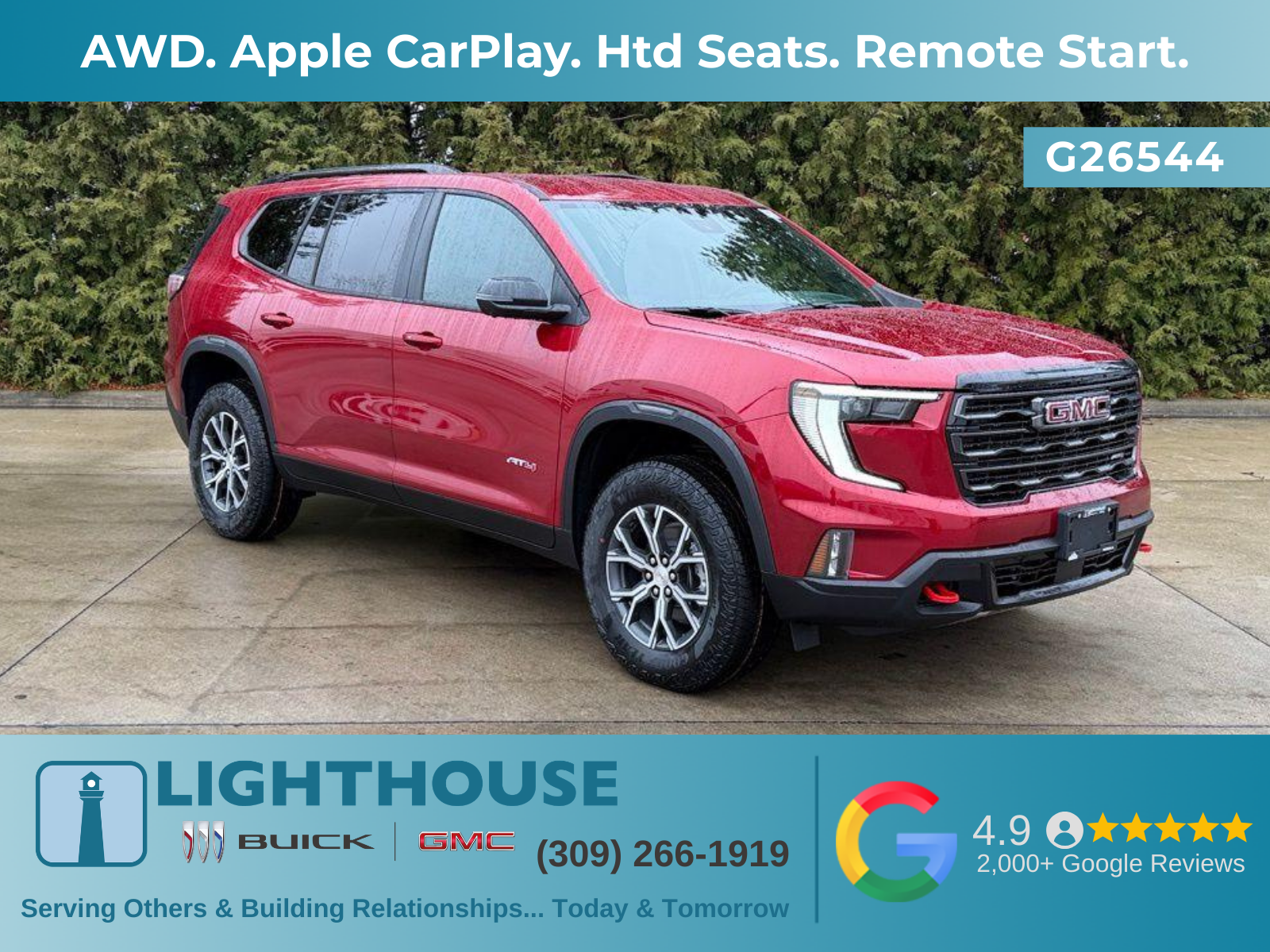 2026 GMC Acadia AWD AT4 in Volcanic Red Tintcoat — front three-quarter view