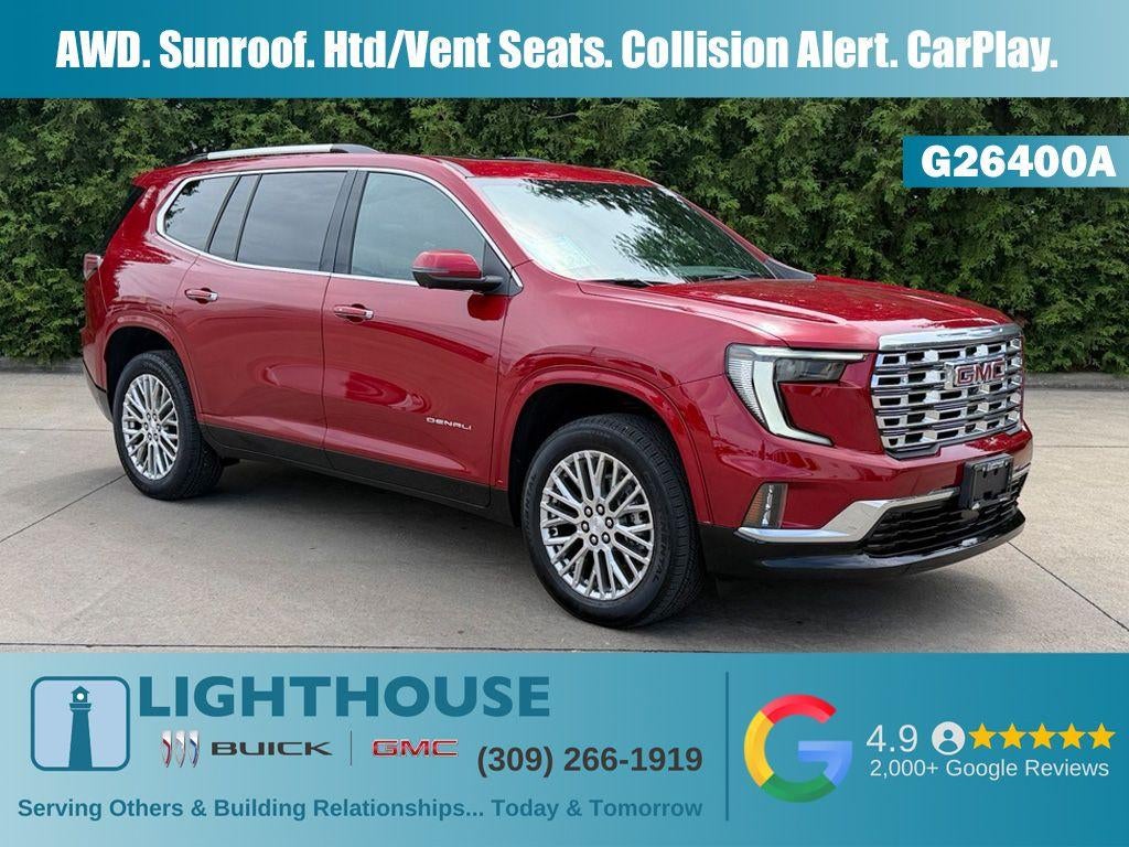 2025 GMC Acadia Denali in Volcanic Red Tintcoat — front three-quarter view