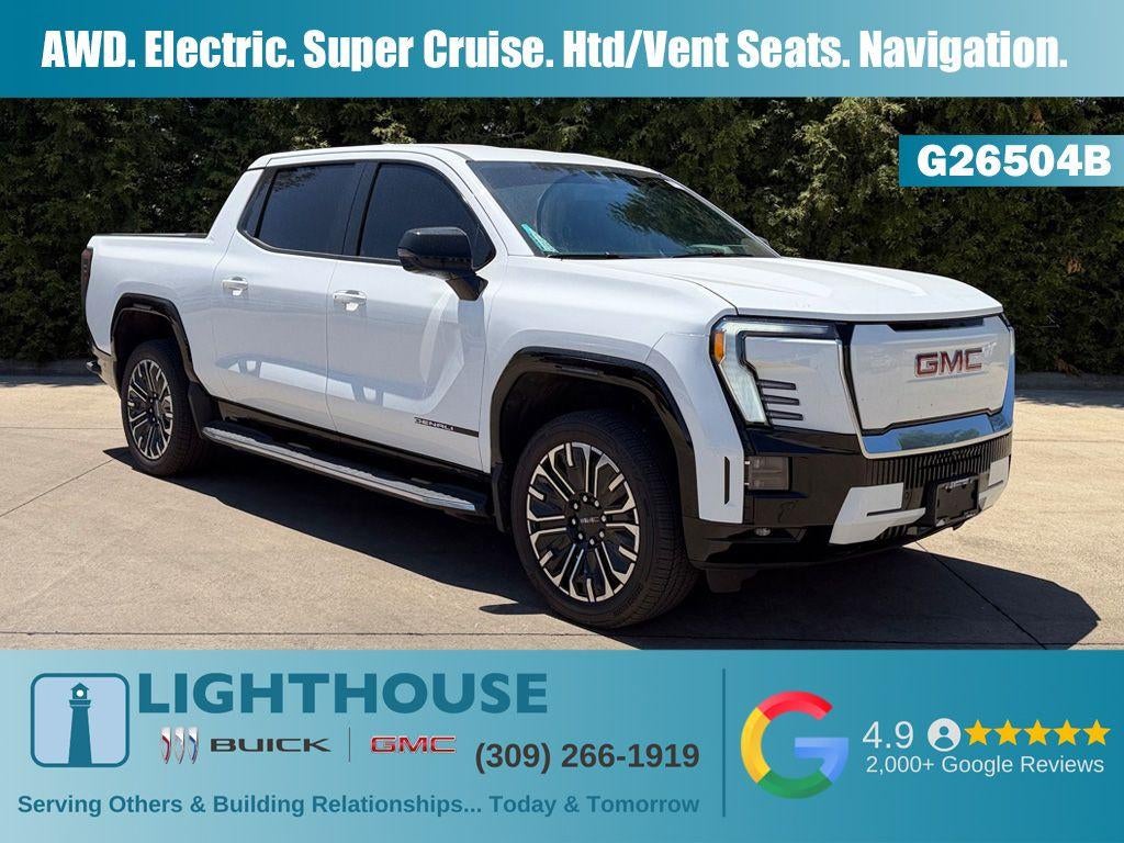2026 GMC Sierra EV Denali in Summit White — front three-quarter view