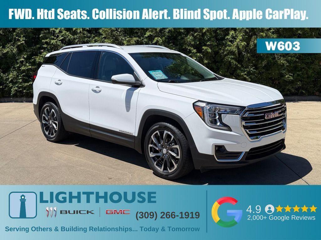 2023 GMC Terrain SLT in Summit White — front three-quarter view