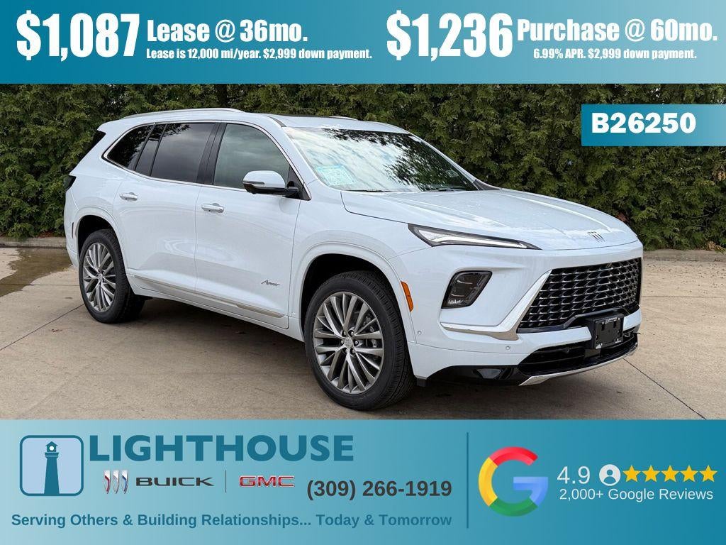 2026 Buick Enclave Avenir in Iridescent White Tricoat — front three-quarter view