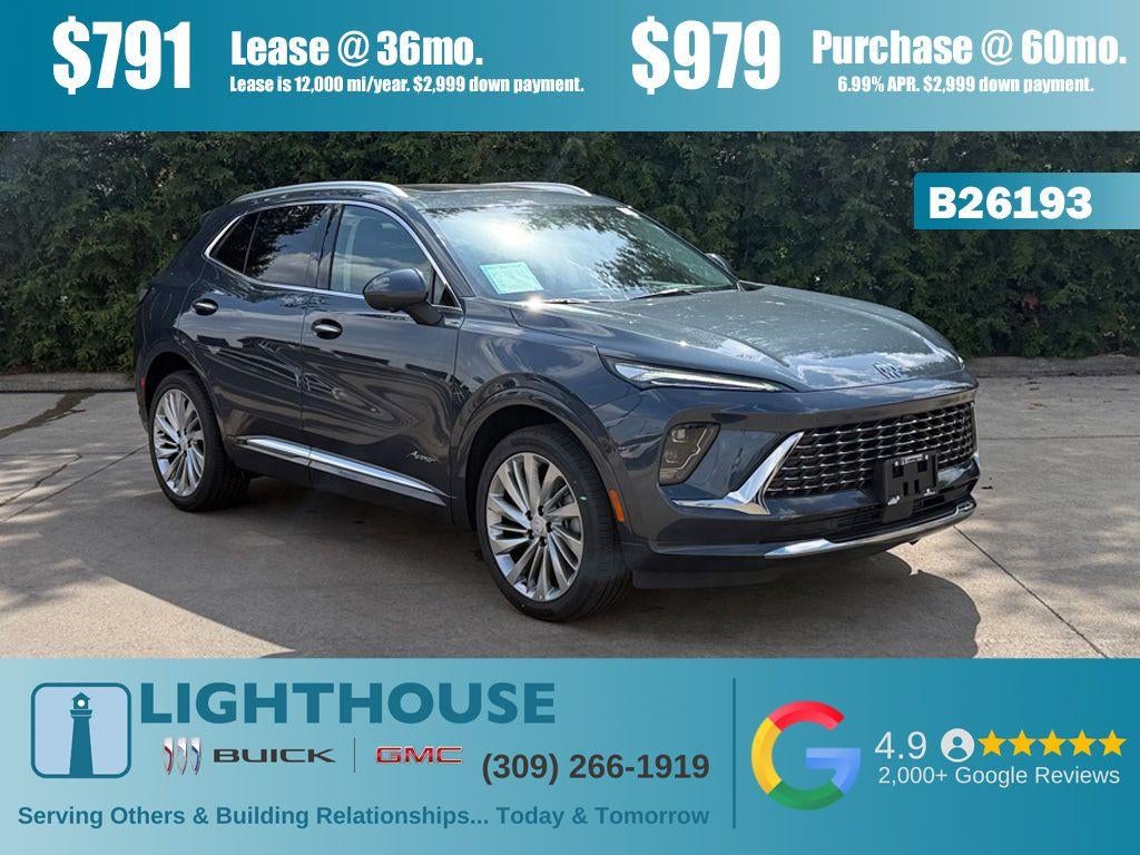 2026 Buick Envision Avenir in Quartz Blue Metallic — front three-quarter view